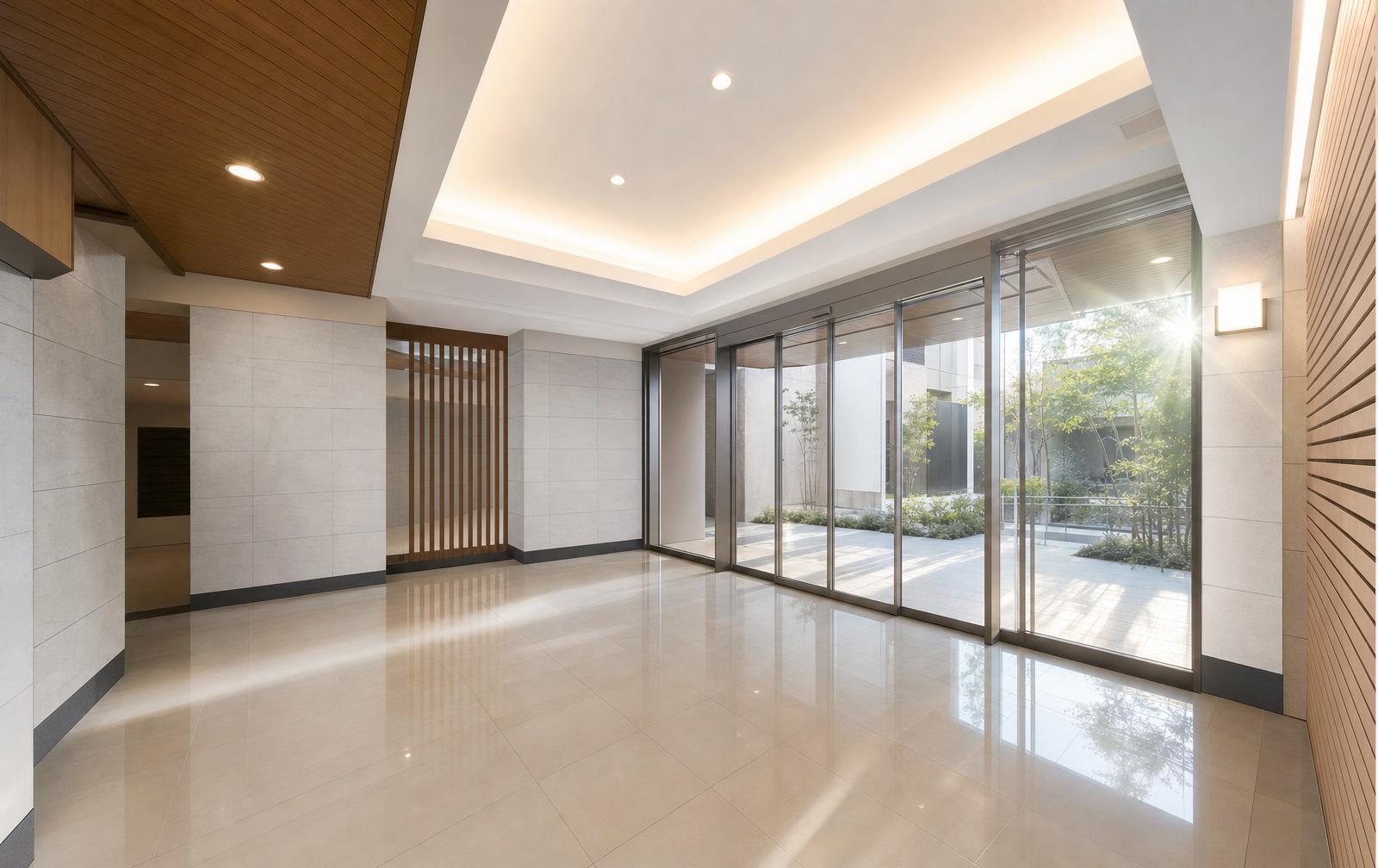 新築マンションの美装工事完了後の磨き上げられたエントランス